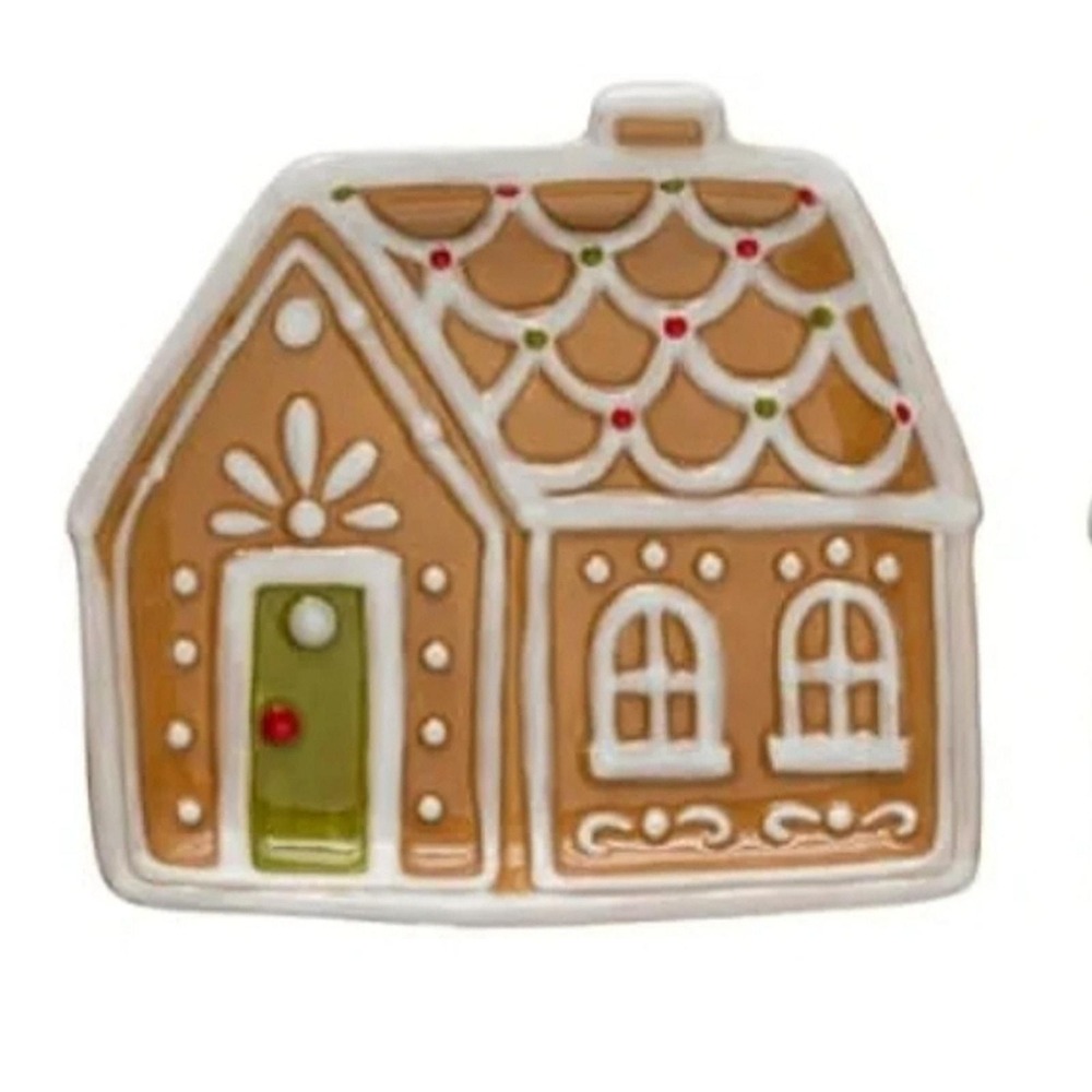 Creative Co-Op Ceramic Gingerbread House Holiday Plate Spoon Rest Trinket Dish